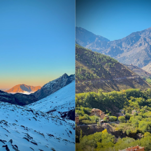 Contrasting High Atlas seasons showing Mount Toubkal slopes in winter snow beside a warm, dry summer landscape. Contrasting High Atlas seasons showing Mount Toubkal slopes in winter snow beside a warm, dry summer landscape.