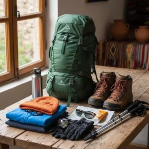 Trekking gear packed for the Morocco Mount Toubkal trek including backpack, hiking boots, trekking poles, and winter clothing Trekking gear packed for the Morocco Mount Toubkal trek including backpack, hiking boots, trekking poles, and winter clothing