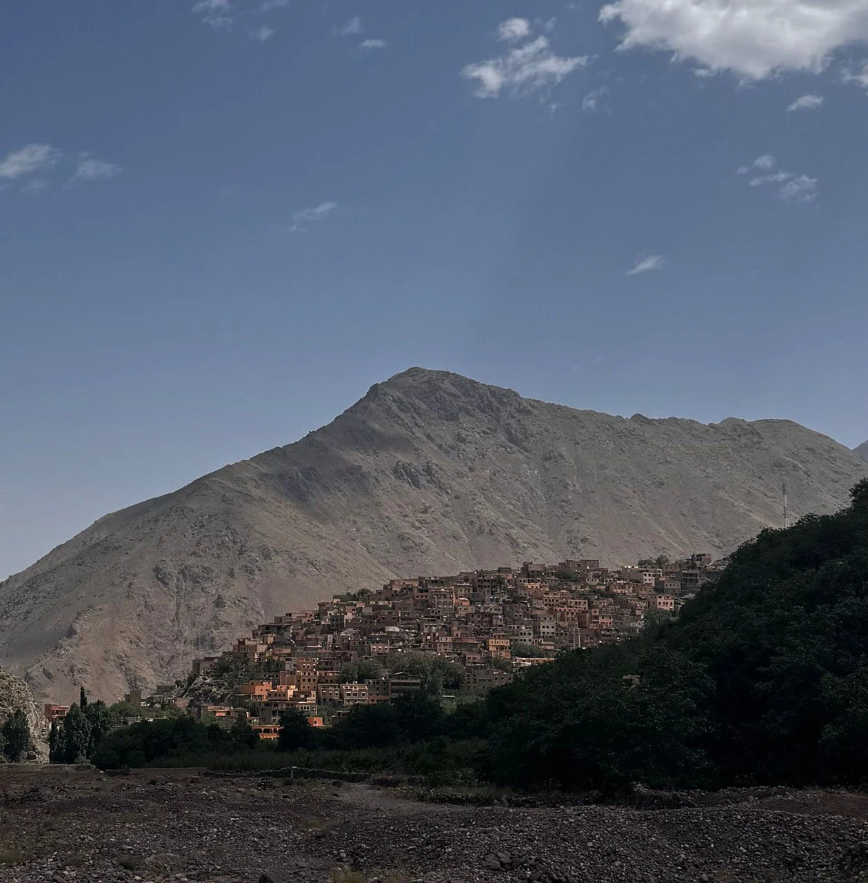 Panoramic view of Imlil village and the starting point of the Mt Toubkal trek, with terraced fields and trekkers preparing for the ascent.