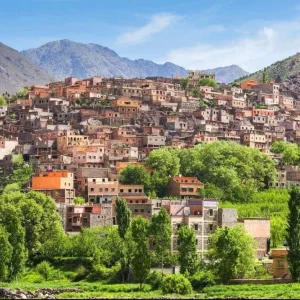 A panoramic view of the Imlil Valley in Morocco showing mountain villages and agricultural terraces A panoramic view of the Imlil Valley in Morocco showing mountain villages and agricultural terraces