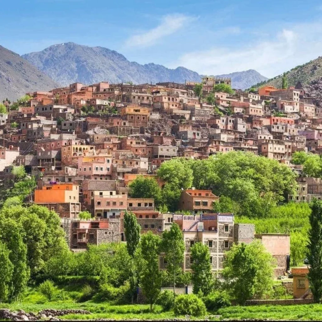Traditional Berber village in the High Atlas Mountains Morocco with terraced fields
