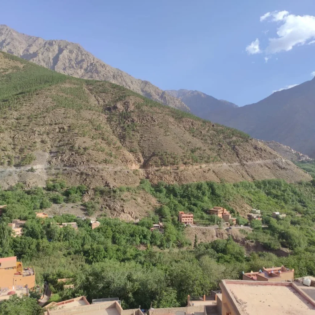 t
Winding road through the High Atlas Mountains Morocco on the way to Imlil