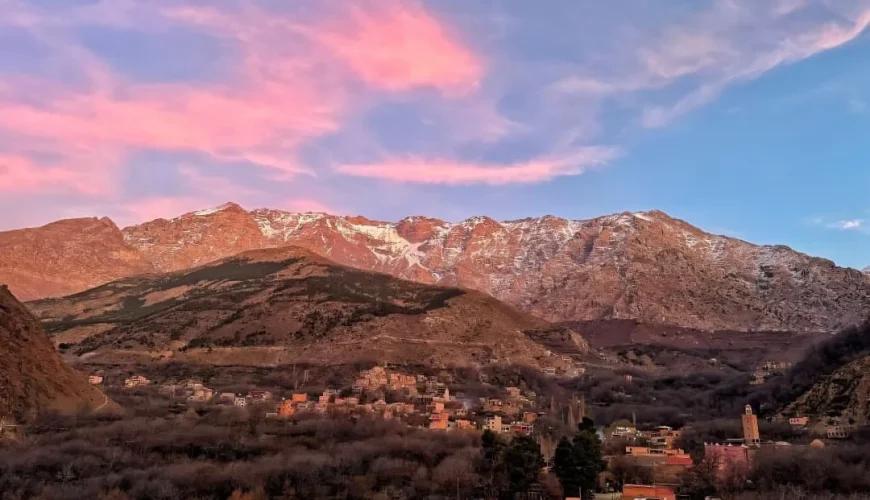Road from Marrakech to High Atlas Mountains with olive groves and distant peaks