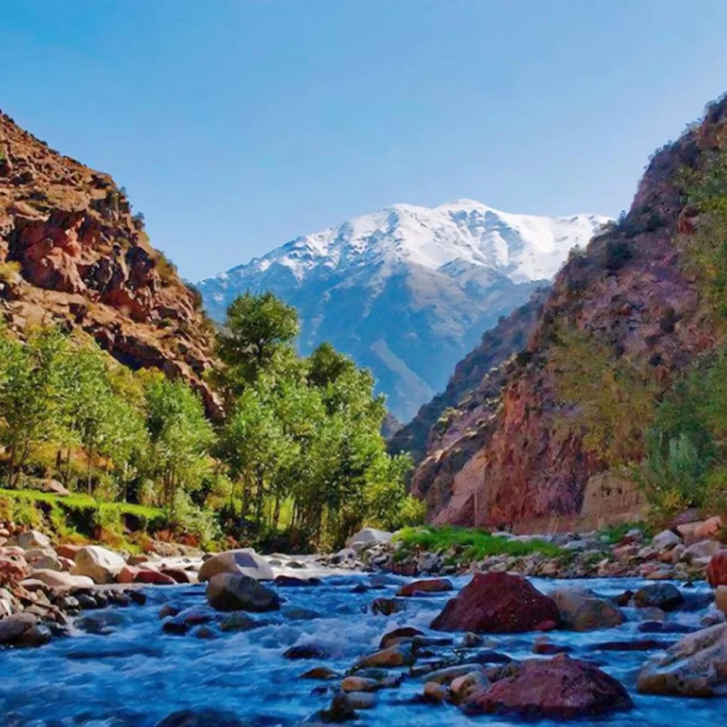 Panoramic view of the High Atlas Mountains from Marrakech side with deep valleys