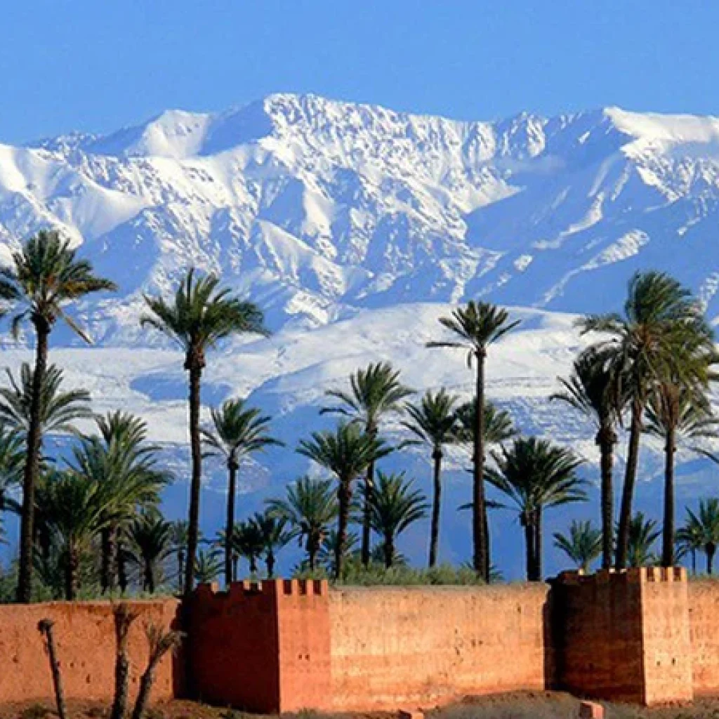 Leaving Marrakech toward Imlil with olive groves and High Atlas on the horizon
