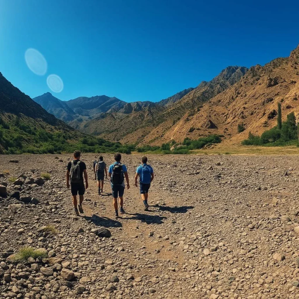 Trekkers starting Mount Toubkal hike from Imlil village Morocco